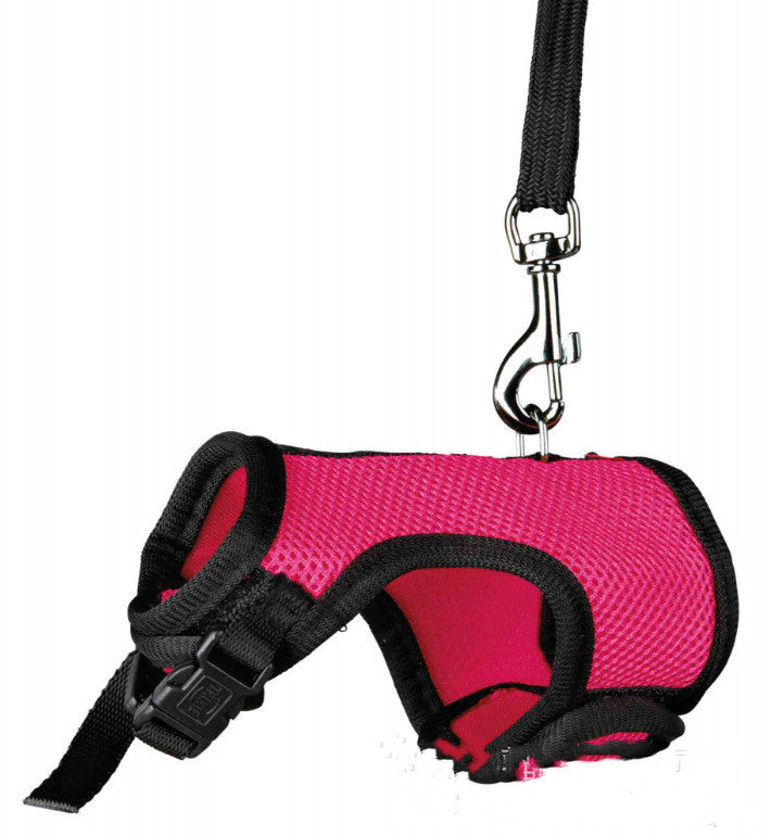 Adjustable leash for small pets featuring a pink mesh harness and durable clip for secure walks.