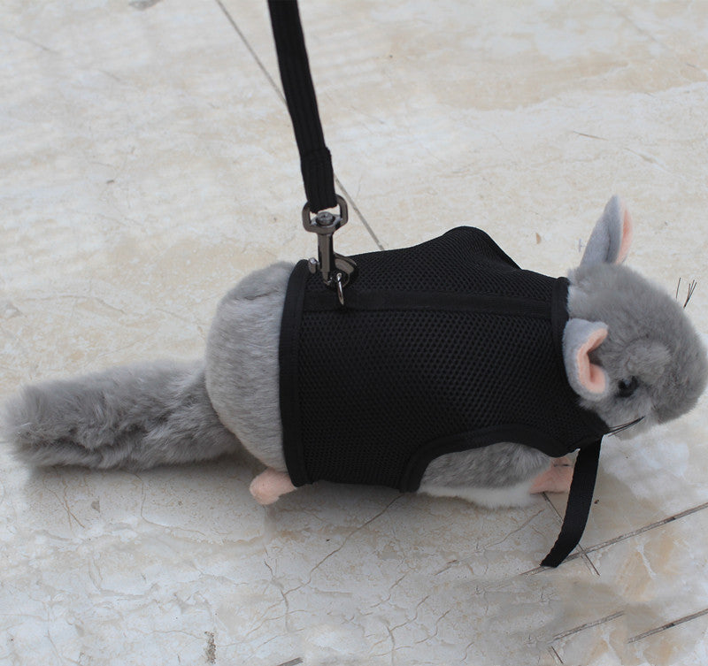 Adjustable leash for small pets featuring a grey plush animal in a black harness.
