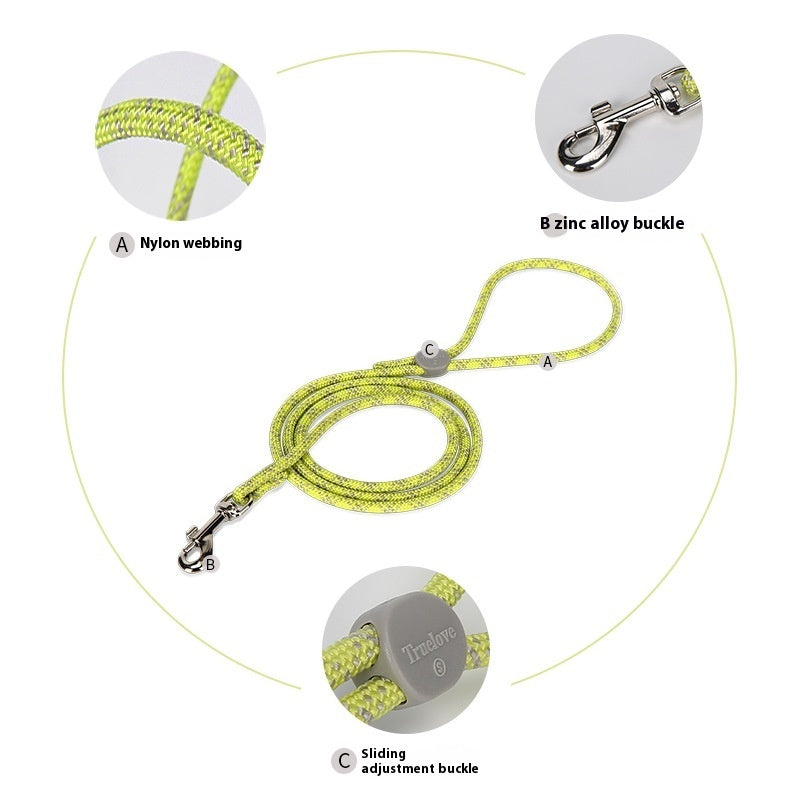 adjustable colorful pet leash featuring nylon webbing, zinc alloy buckle, and sliding adjustment buckle