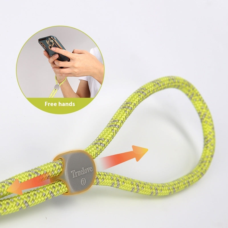 adjustable colorful pet leash featuring a hands-free design with a bright yellow strap and a smartphone holder