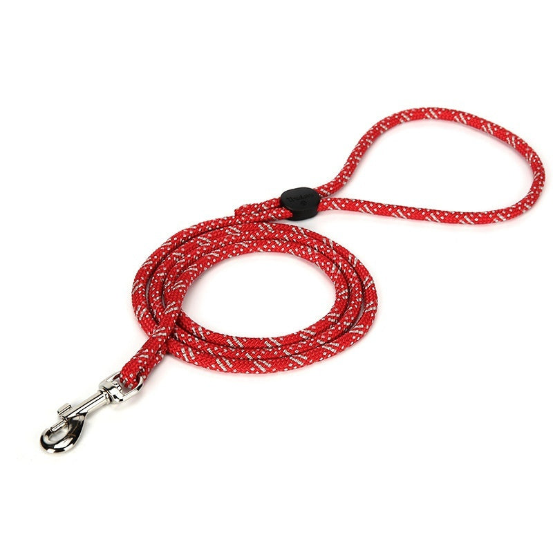 adjustable colorful pet leash in bright red with a durable zinc alloy hook and nylon strap for pets.