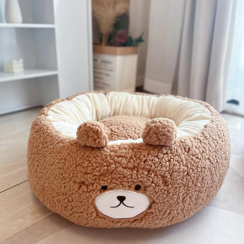 Cartoon Plush Pet Round Bed Warm Sleeping Cushion Accessory